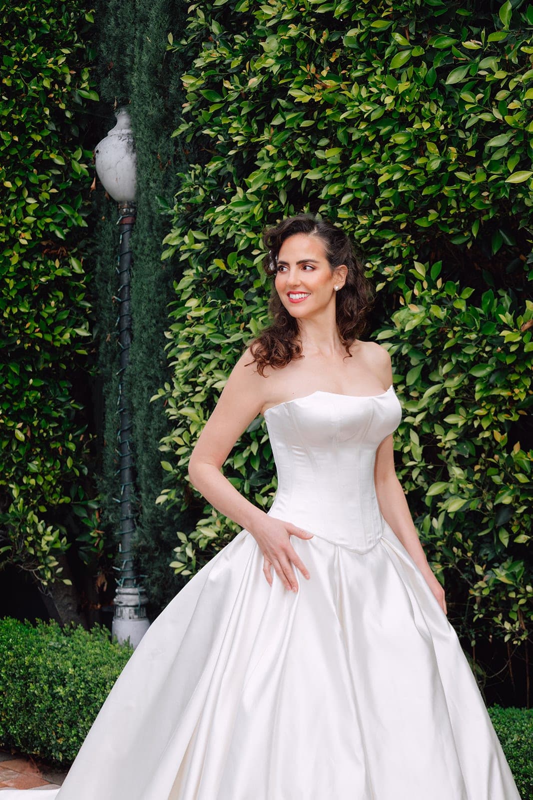 Sculpted strapless silk satin bodice detail